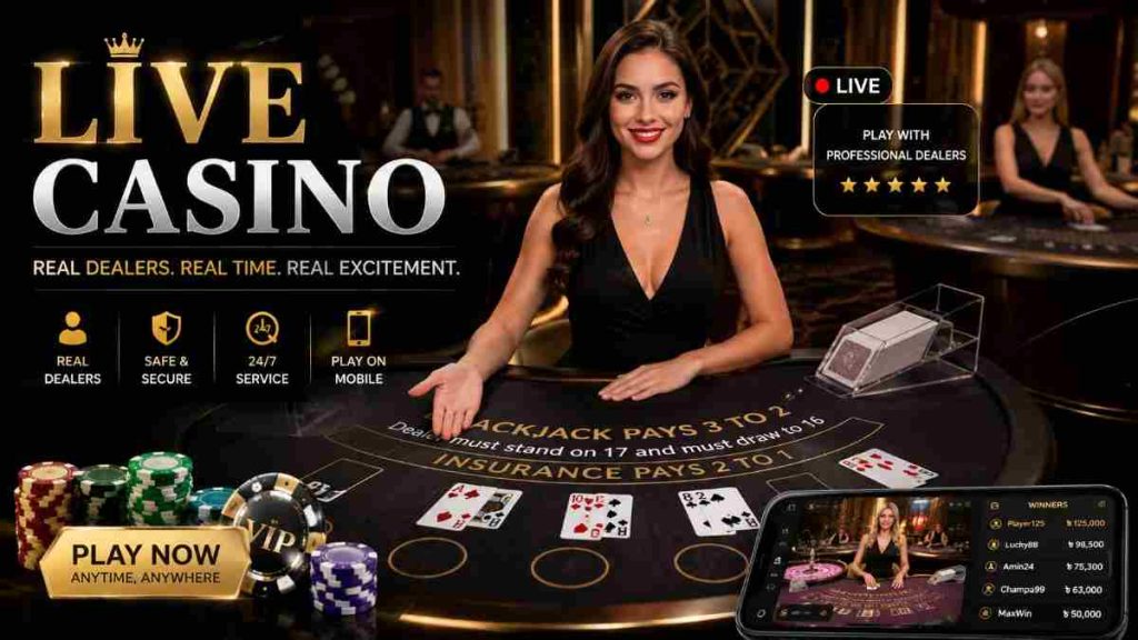 Real-time live casino dealer hosting baccarat and roulette tables on ABC77 Bangladesh