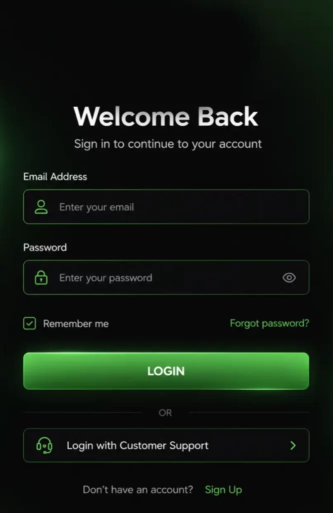 ABC77 login panel screen for secure user account access
